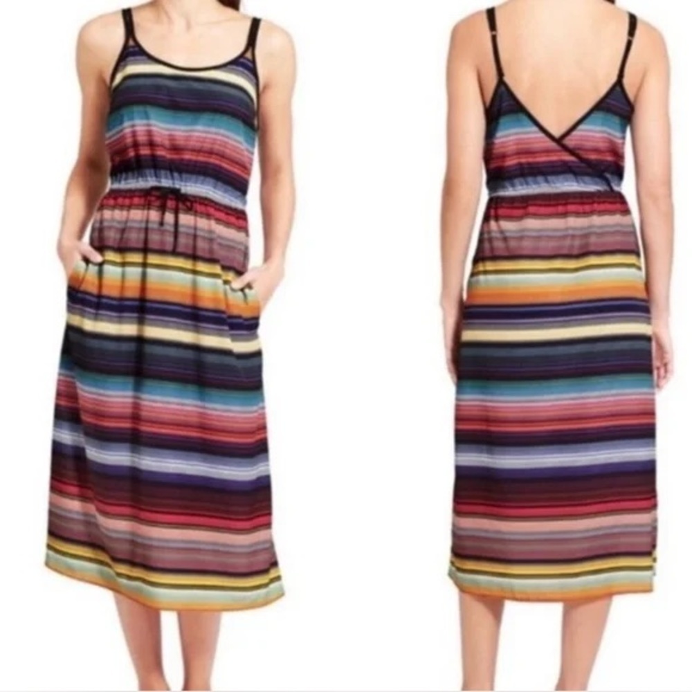 Athleta Havana Wanderlux Midi Dress • Rainbow Stripe Coastal Boho XS
